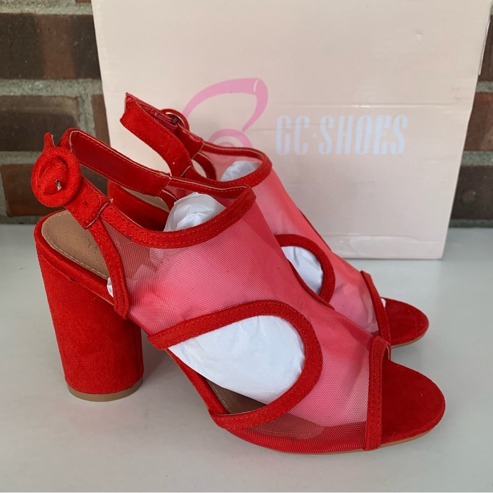 GC Shoes Womens Claire Red Mesh Buckle Dressy Block Heel Sandals US 6.5 M NEW
